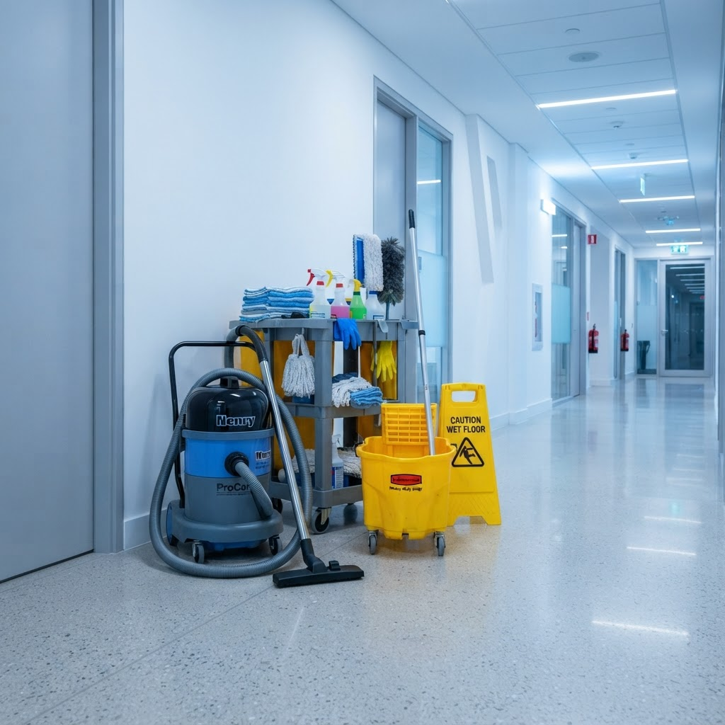 Professional commercial cleaning equipment in a modern office setting